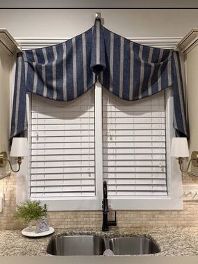Blue and Cream Striped tweed Window Valance with metal knobs for hanging. - Home